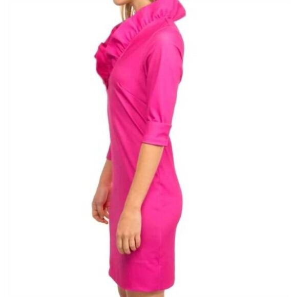 Gretchen Scott Jersey Ruffneck Dress Pink 3/4 Sleeve Foldover Contrast Midi XS - Picture 3 of 13